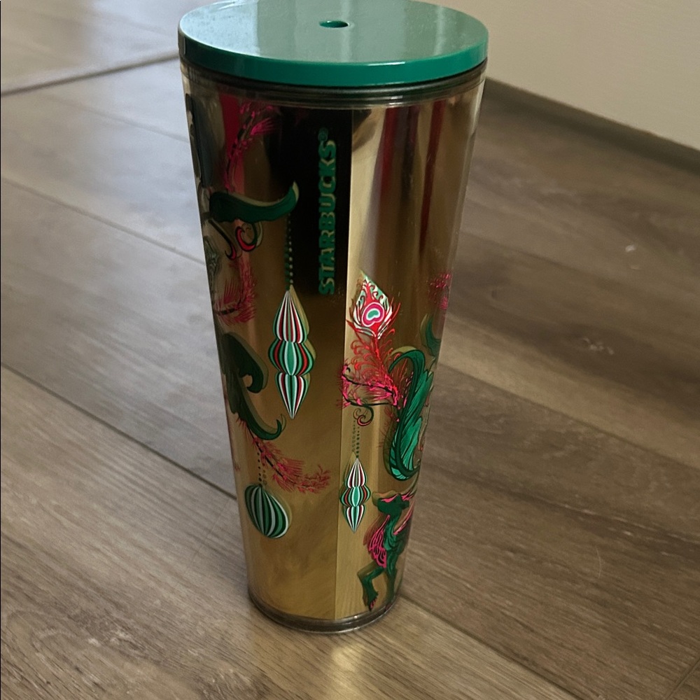 Starbucks Metallic Gold Tumbler with Green Lid and Pink Accents
